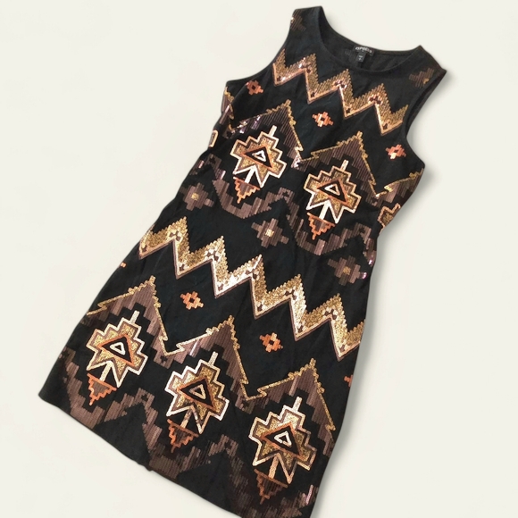 Express Y2K Bodycon Mini Dress Aztec Design Copper Gold Sequins Sexy P/S - Picture 6 of 12